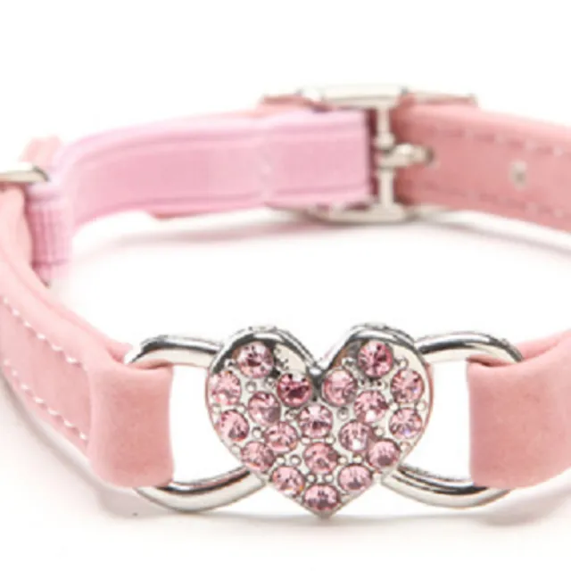 Velvet collar for cat with heart and bell pink