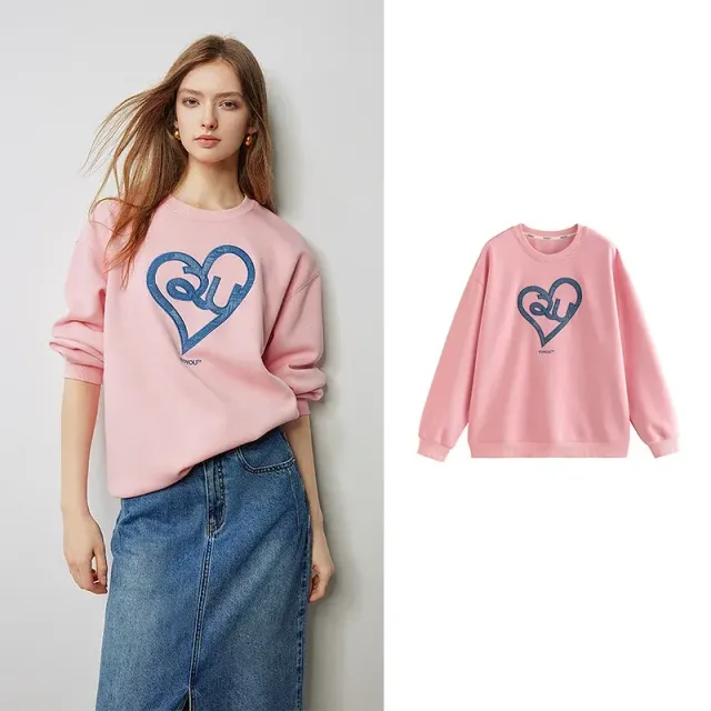 Women's autumn sweatshirt with round neckline and heart-shaped embroidery