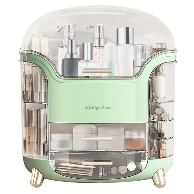 Beauty organizer with transparent lid and makeup drawers and skin care