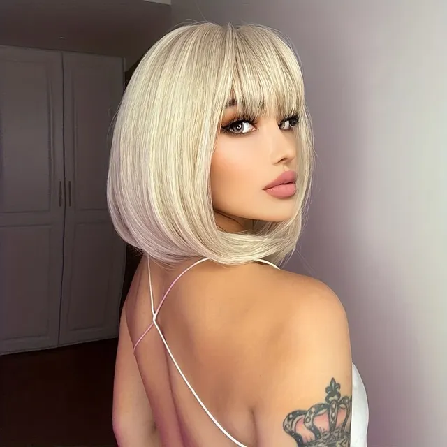 Women's wig: White, short straight bob with bang, natural synthetic fiber, for everyday wear - Hair extension and replacement