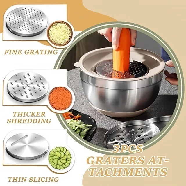 Stainless steel salad mixing tank - 6 scramble bowls with lids and 3 scramblers for grater