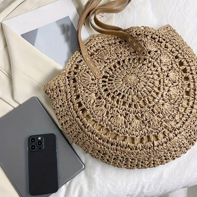 Straw knit casual bag - round shape with double ear, literary beach bag