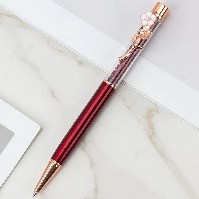Dizajnové kancelárske pero s luxusným zdobením v tvare kvetov a trblietkami