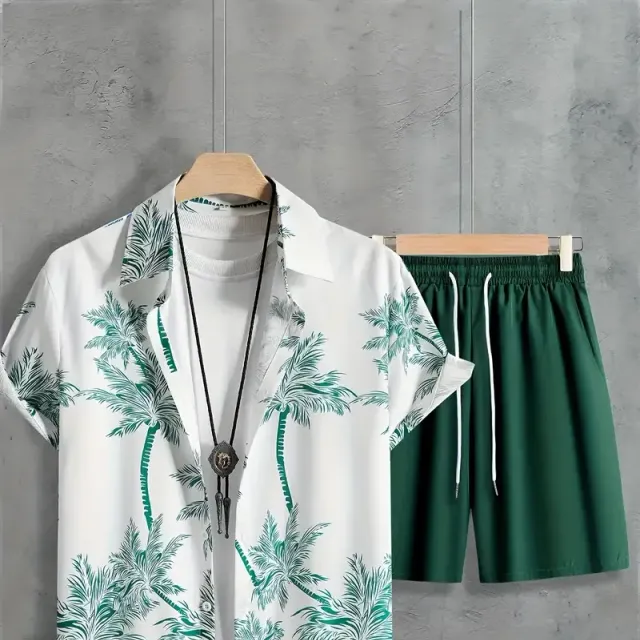 Men's 2-piece set with coconut palm tree print - shirt with collar and pockets and shorts with drawstring