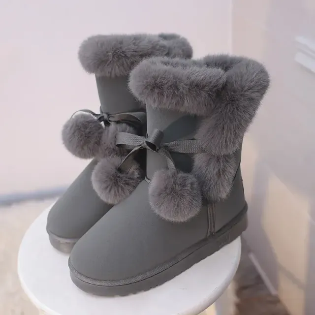 Zimné snežné topánky pre ženy s teplými plnené zvieratá, semiš, pohodlné a s dekoratívnymi pompoms