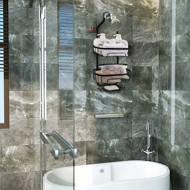 Sklopná sprcha organizátor, nerezový čierny košík na hornej poličke s holiacimi hákmi a hubami.