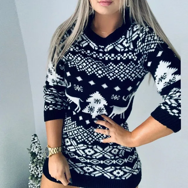 Women's modern knitted Christmas mini dress Elk