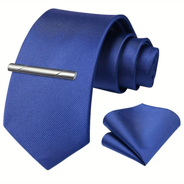 Single-colored men's tie with handkerchief and tie buckle