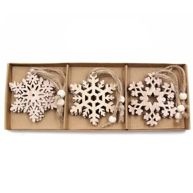 Wooden Christmas snowflakes for tree 12 pcs