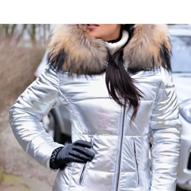 Women's shiny quilted winter parka with hood