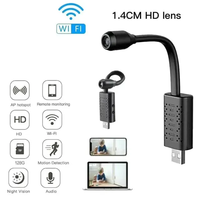 USB WIFI webová kamera Mini kamera 1080P s nočným videním Podpora detekcie pohybu 64GB APP pre telefón Proti krádeži Wifi kamera Počítač USB