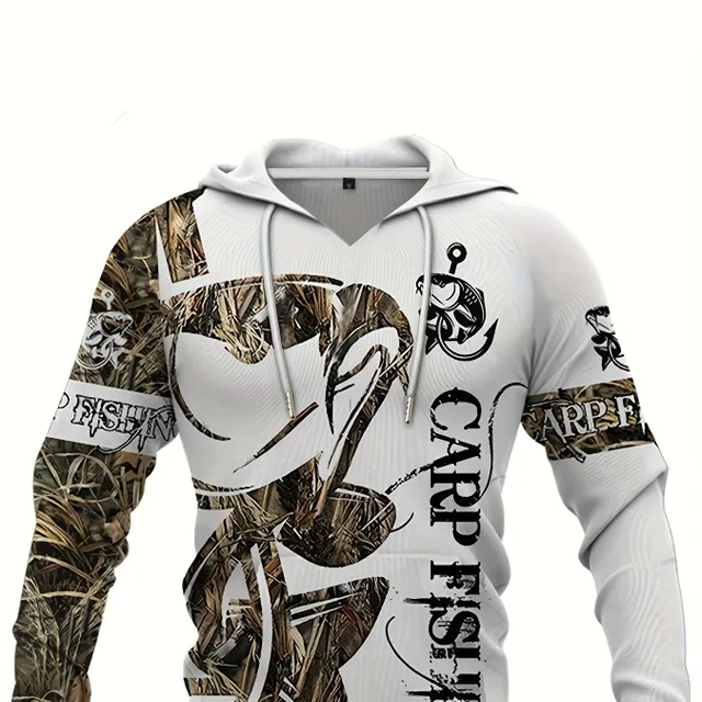 Men's casual sweatshirt with hood and 3D printing of a fishing pattern