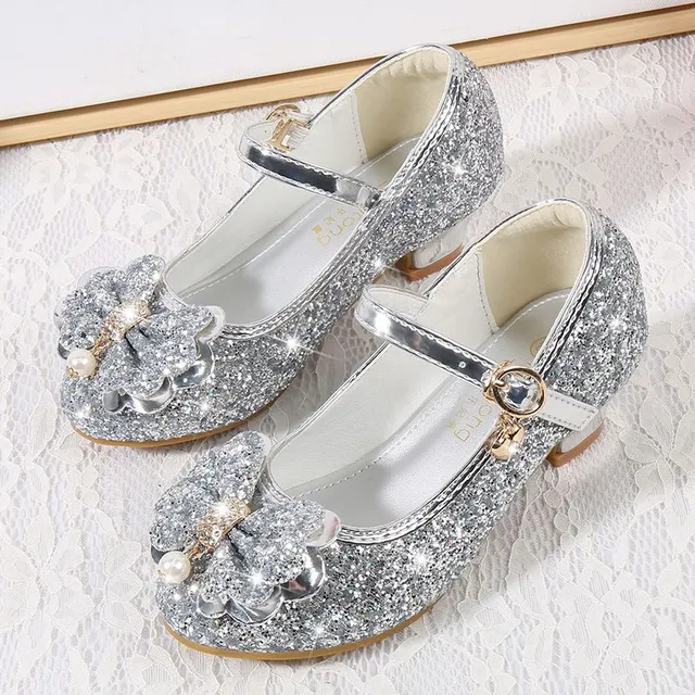 Sandałki dla dziewczynek z brokatem i kokardką, błyszczące buty imprezowe na wysokim obcasie - buty na wesele i urodziny