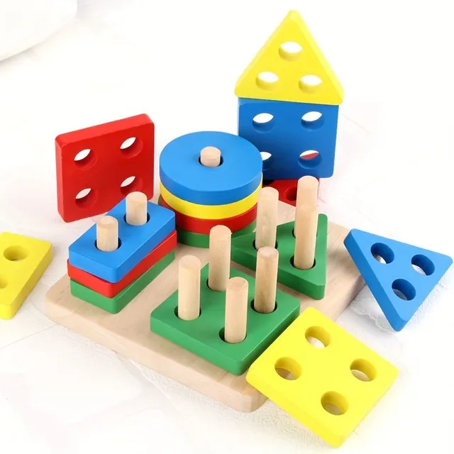 Dřevěná montessori hračka pro děti - geometrické puzzle s náhodnou barvou