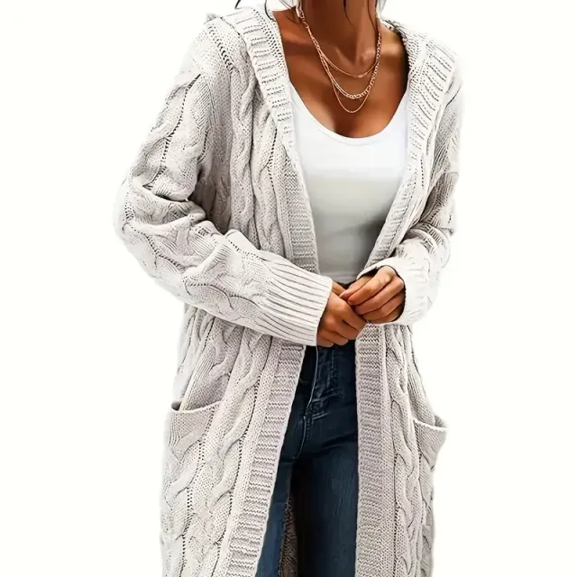 Cardigan da donna con cappuccio con motivo a cavi, maniche lunghe, lunghezza media, tasche - tinta unita