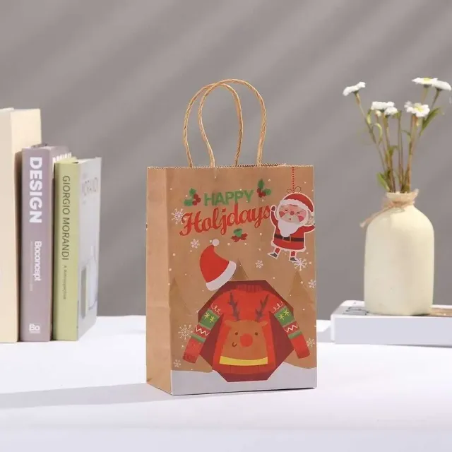 Christmas paper bags with Santa Claus theme, reindeer and bell for children