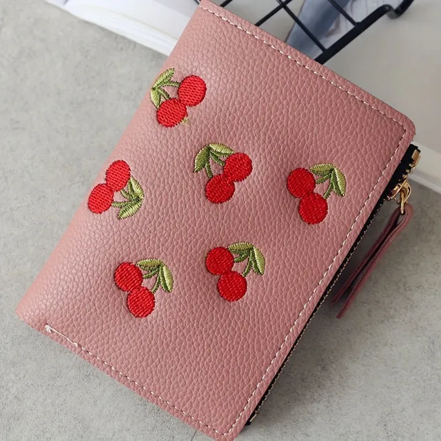 Cherry embroidered coin box wallet, zipper case