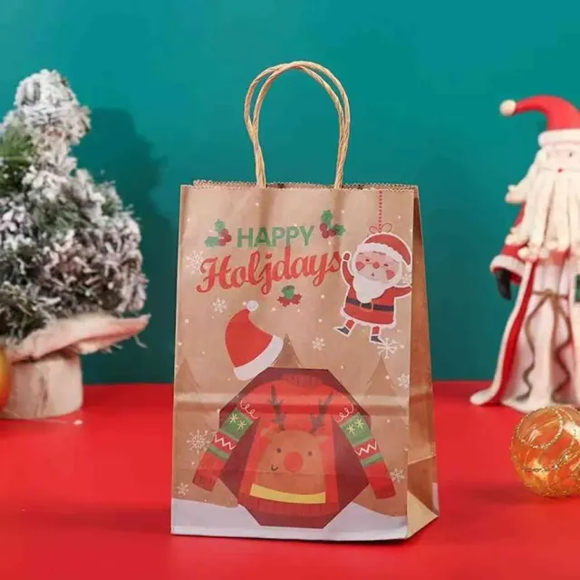 Pungi de hârtie de Crăciun cu motivul lui Moș Crăciun, renilor și clopoțeilor pentru copii