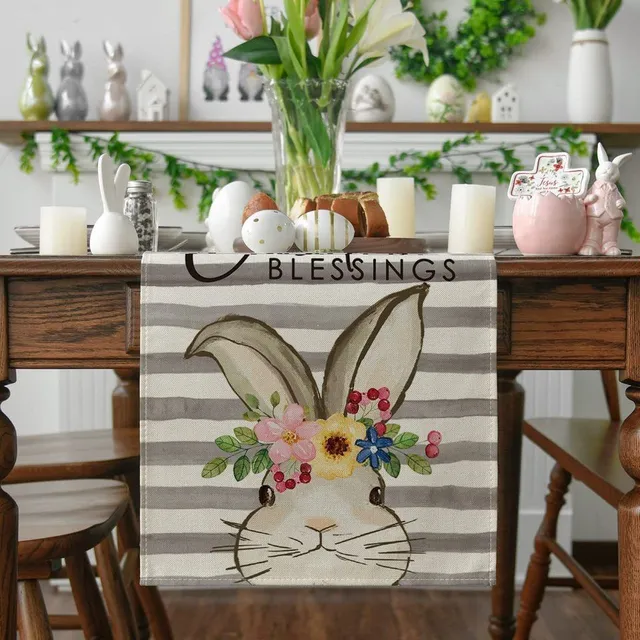 Elegantný behúň na stôl s motívom veľkonočného zajačika s kvetmi a pastelovými farbami na originálne oslavy Jana