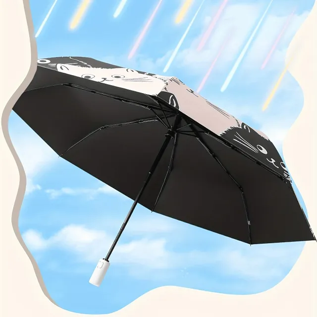 Automatic black and white umbrella with cute cartoon cats