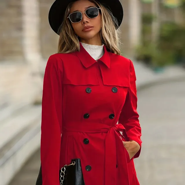 Women's long trench coat with double-breasted fastening - autumn/winter, belt included