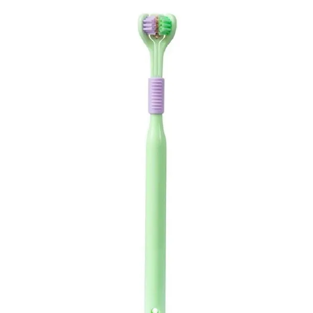 Brosse à dents à trois têtes avec poils doux Brosse à dents souple 360° pour adultes avec grattoir à langue 19,5 x 2,5 cm