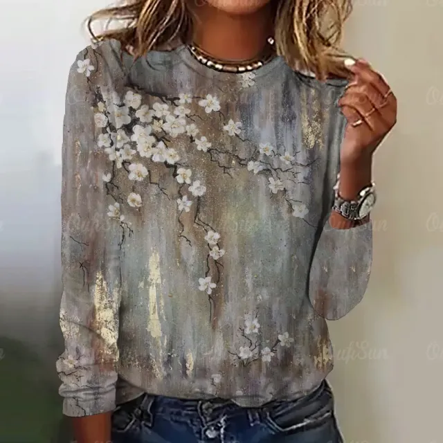 Women's long sleeve t-shirt with three-dimensional flower print - More variations