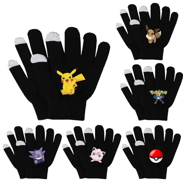 Gants en polaire unisexe noirs avec motif Pokémon