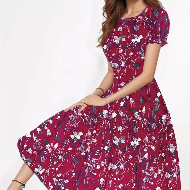 Flower Pattern - Dress with round neckline, Elegant, Short Sleeves (Spring/Summer)