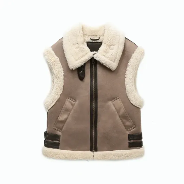 Women's vest with collar, fur and zipper