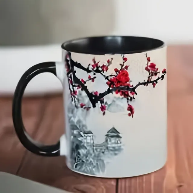 Cana de cafea din ceramică cu motiv de floare de prună