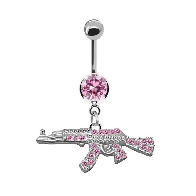 Dizajnový piercing do pupka v ružovej farbe a závesný ornament