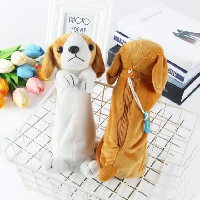 Plush school pencil case for crayons or markers in the shape of a dog