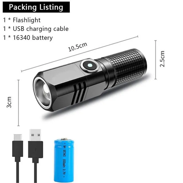 XHP50 LED USB C Rechargeable Mini Battery 16340 18650 Battery 1500lm Powerful Flashlight can be closed with one click