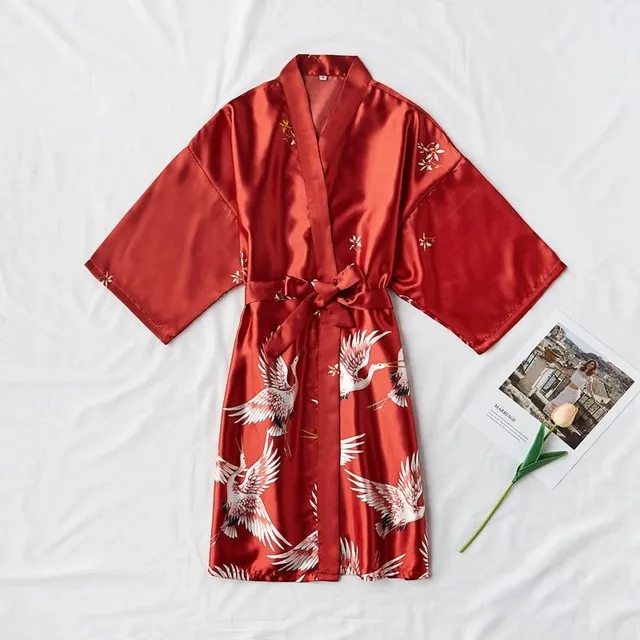Ladies satin dressing gown with birds print wine S