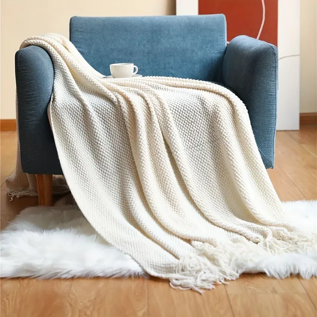 Knitted bedspread with tassels, lightweight bedspread for sofa, bed, couch, home decoration