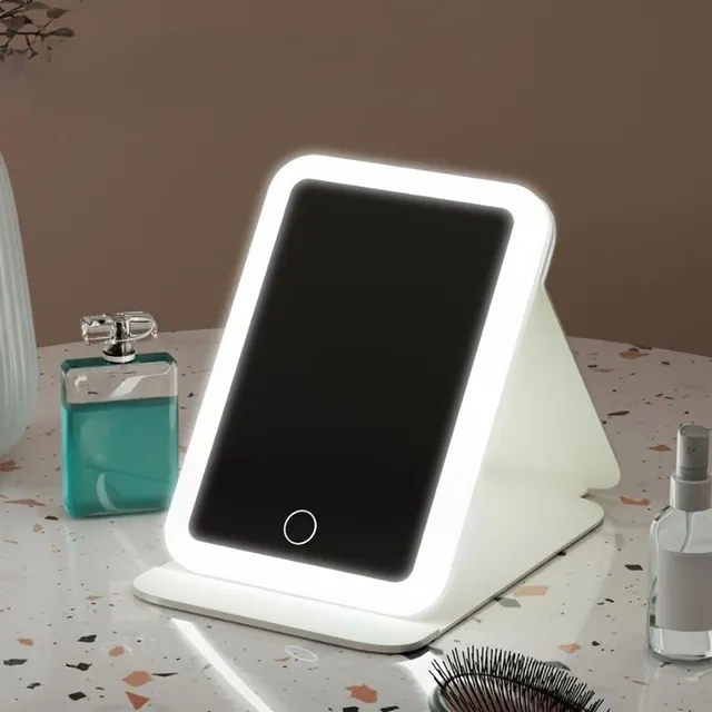 Travel LED folding mirror with large square surface and adjustable lighting