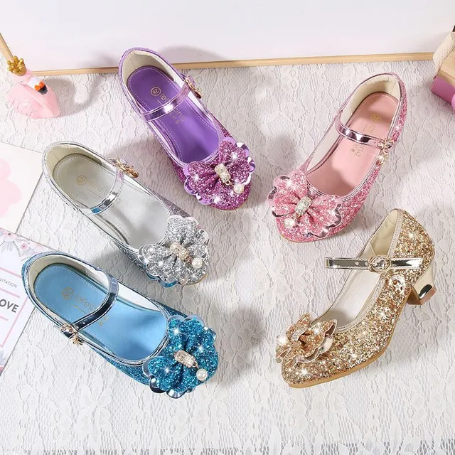 Sandálky pro holčičky s třpytkami a mašlí, blyštivé párty boty na vysokém podpatku - svatební a narozeninové společenské boty