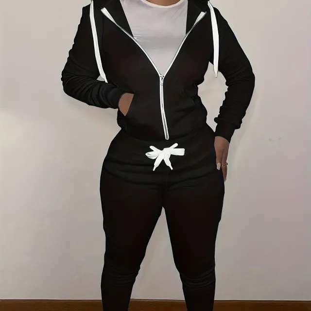 Two-phase set with zipper hood and long pants with pockets - monochrome, waistline