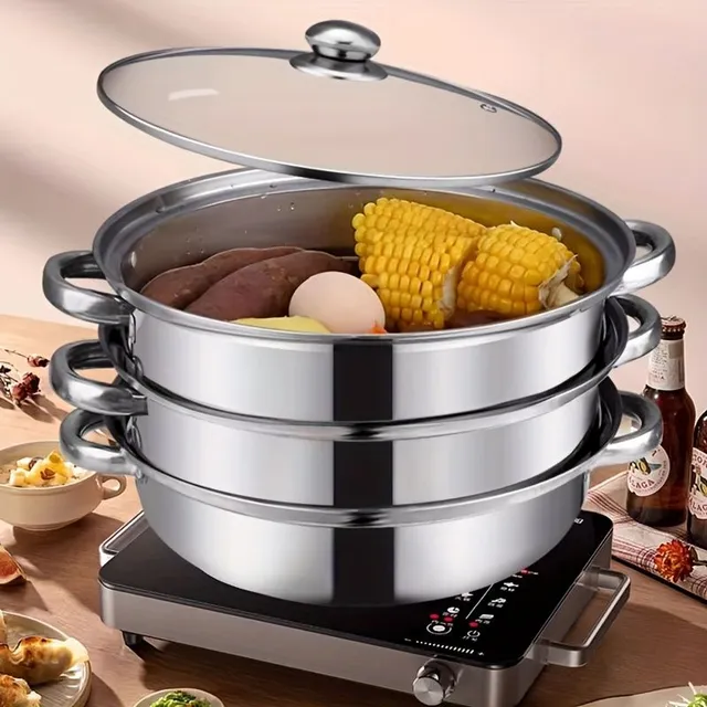 Stainless steel steam pot with more floors, home steamer for fish, dumplings, soup - Suitable for gas and induction cookers