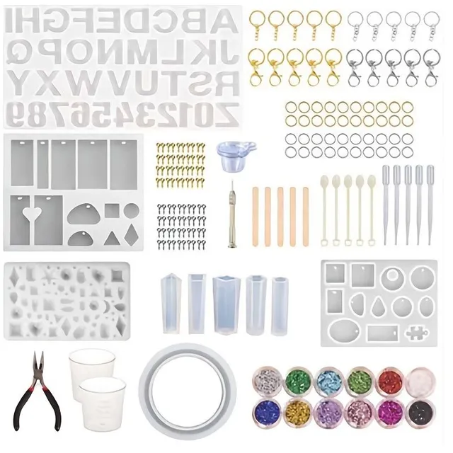 186-piece starter set of silicone resin casting forms with letters, numbers and tools for making resin jewelry