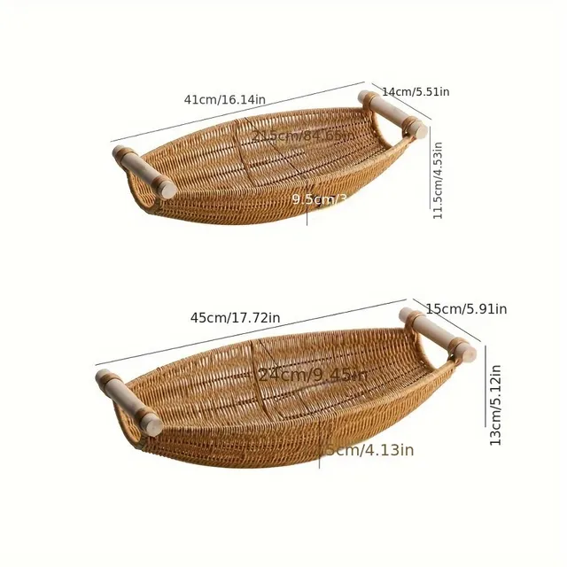 Coș pentru fructe cu farmec rustic: țesut manual din imitație de rătan cu mânere din lemn, ideal ca decor
