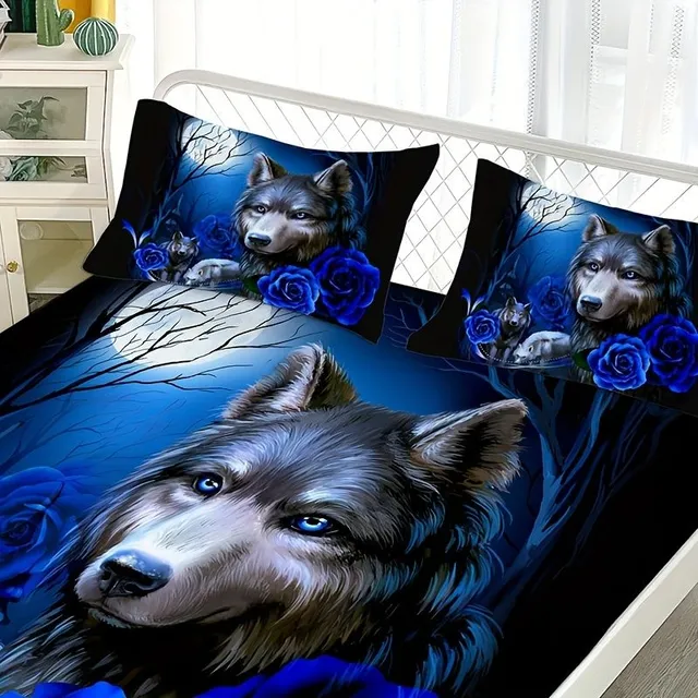 Stylish blue-pink sheets with wolf motifs, soft, breathable bed sheets on the mattress, for bedroom and guest room