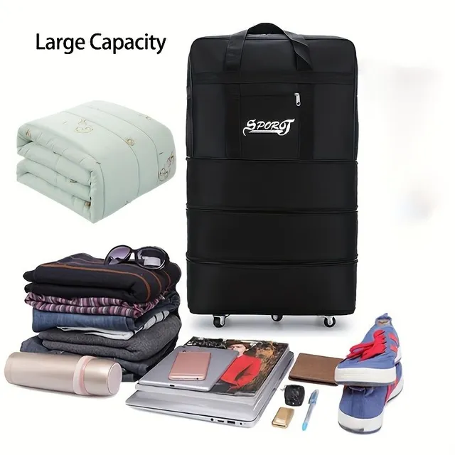 Expandable luggage bag on trolley, large-capacity travel bag on wheels, folding bag for clothing on blanket