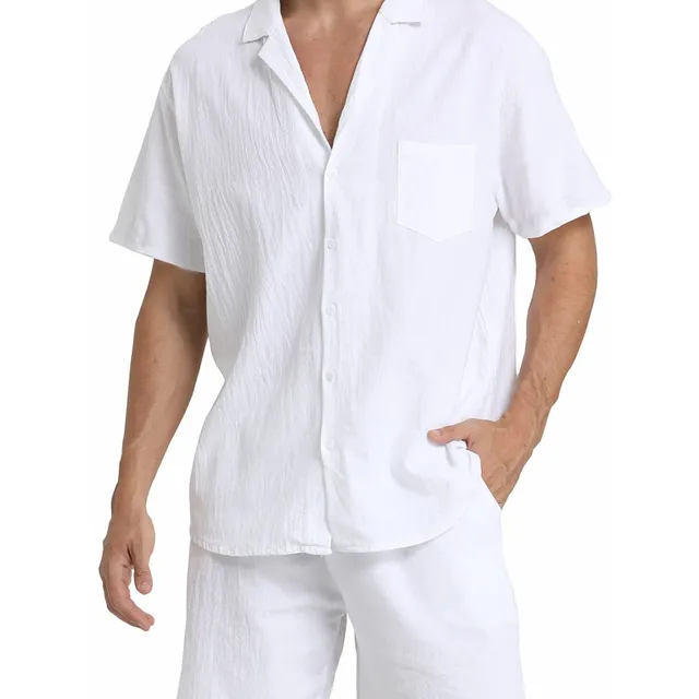 Férfi 2 részes nyári szett pamutból és vászonból - rövid ujjú és rövidnadrág