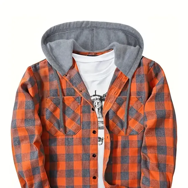 Men's plaid shirt jacket with long sleeves, hood and button closure - Regular fit