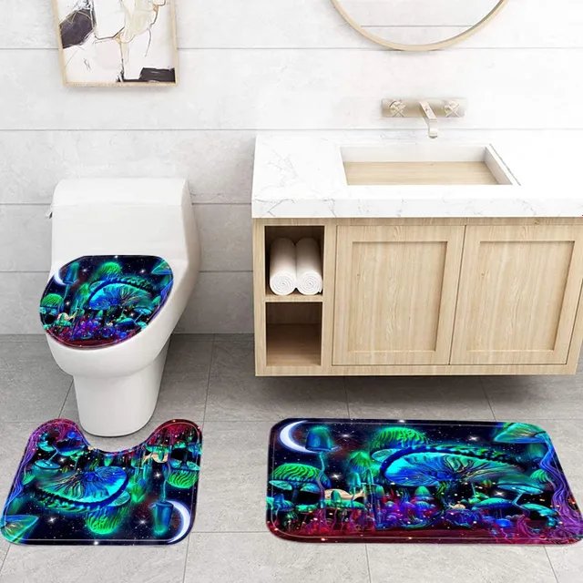 4-dielna nepremokavá kúpeľňa s hríbovým motívom - protišmyková podložka, sprchová záveska, WC kryt a predpoloha - kompletná kúpeľňová dekorácia