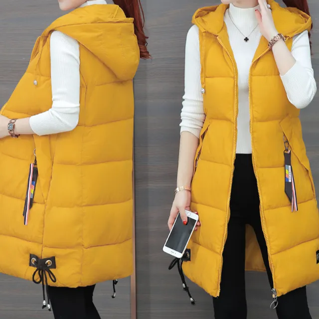 Women's warm long comfortable vest with hood and pockets