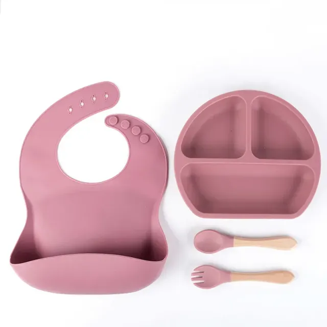 Set of 4 children's table utensils made of silicone - Plate, teaspoon and fork with wooden handle, silicone necklace without BPA content for infants