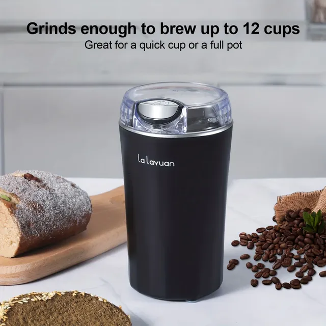 Electric coffee grinder, kitchen robot, food mixer, 200W powerful electric spice grinder, grain grinder, espresso coffee grinder for spices, nuts, one button with brush, teaspoon for coffee, 2 knives